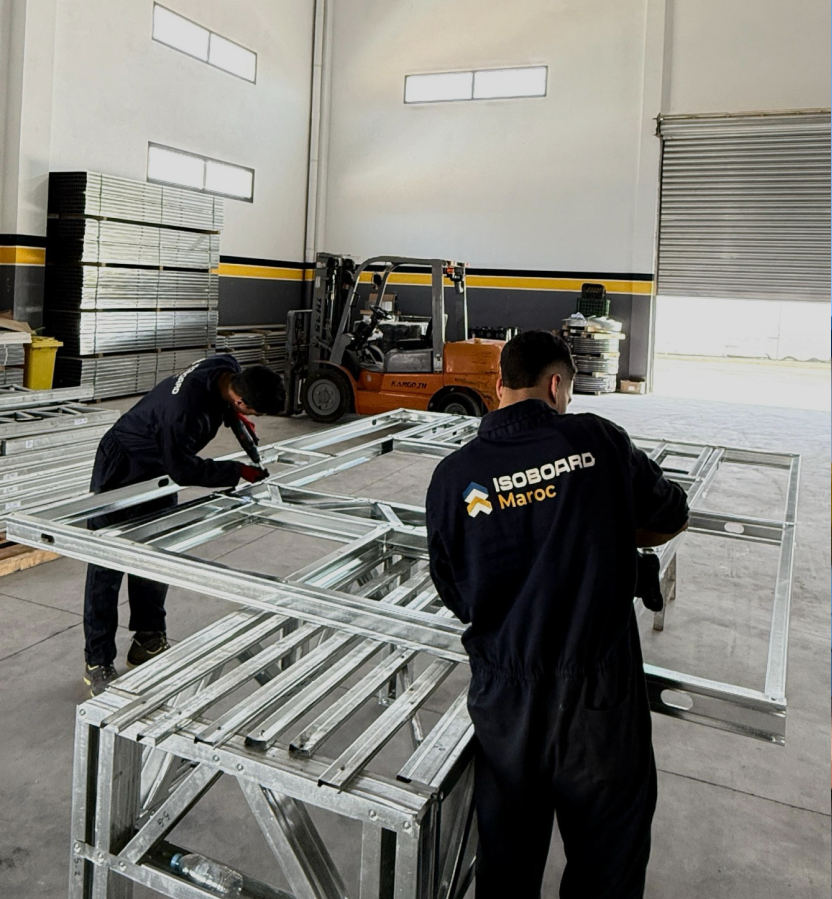 Ouvriers dans une usine assemblant des cadres métalliques