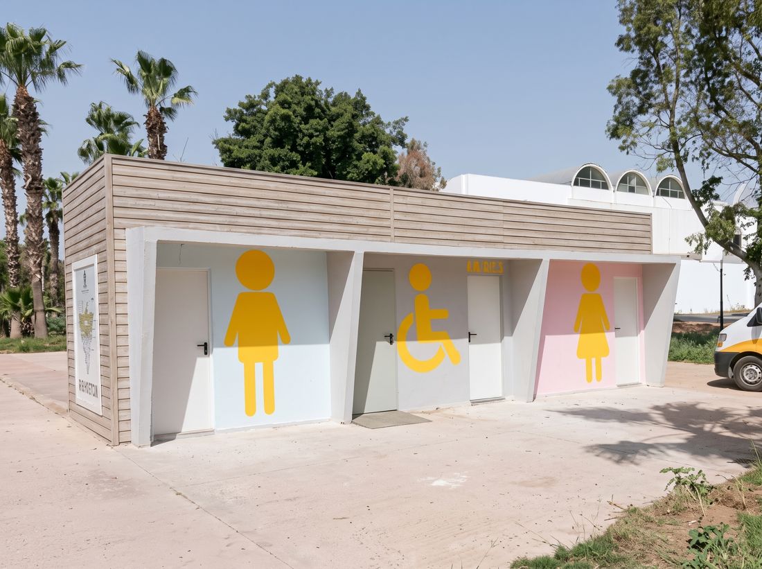 Bloc sanitaire public Isoboard avec espaces hommes, femmes et PMR