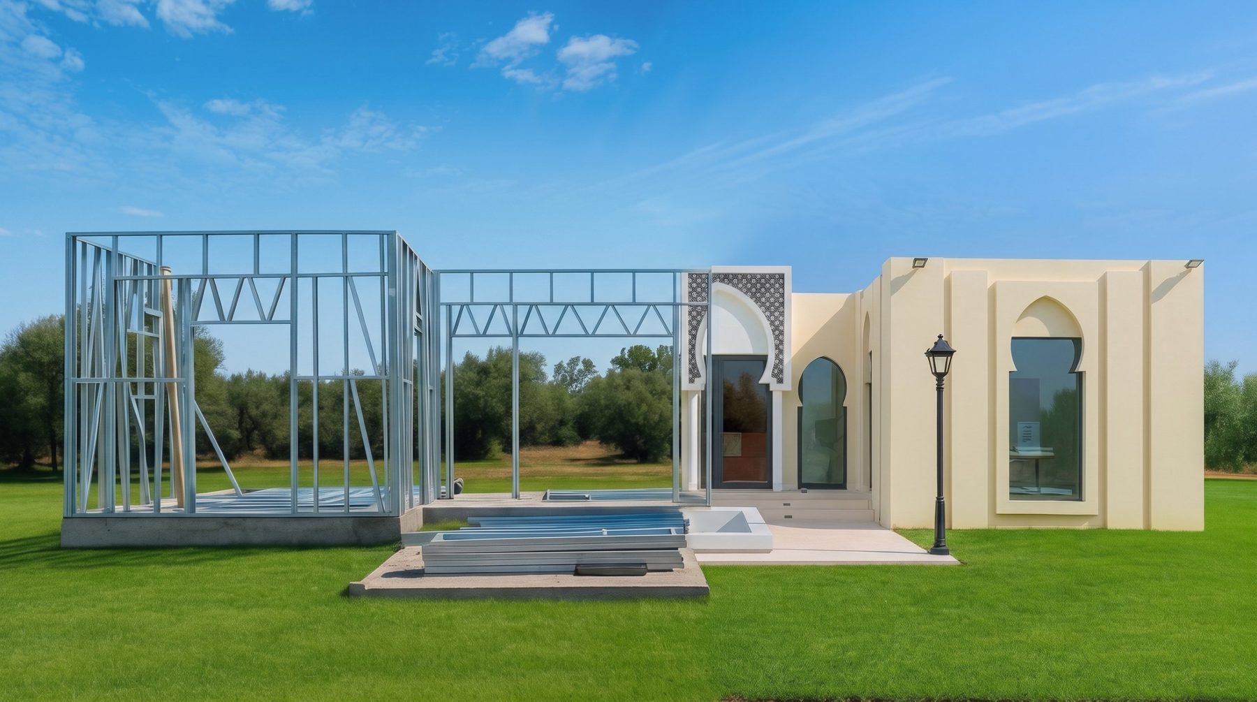 Avant / après : ossature en acier galvanisé à gauche, pavillon terminé à arcs marocains à droite