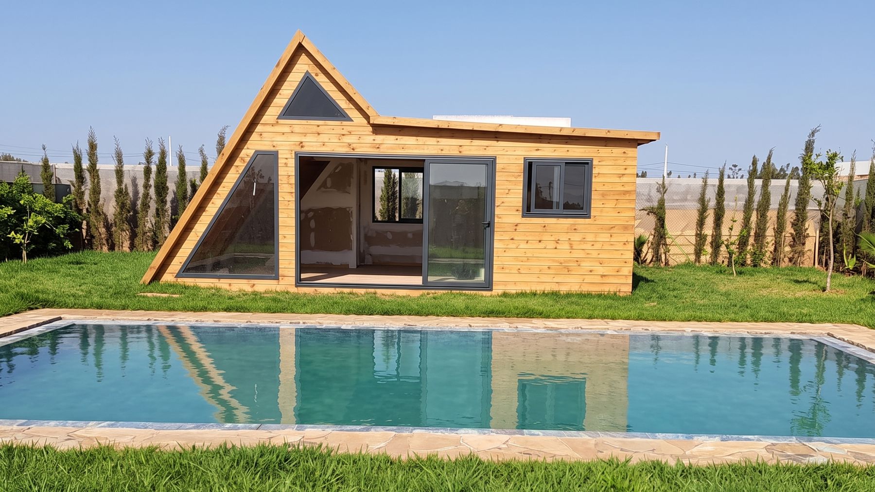 Pool house en A en bardage bois face à une piscine