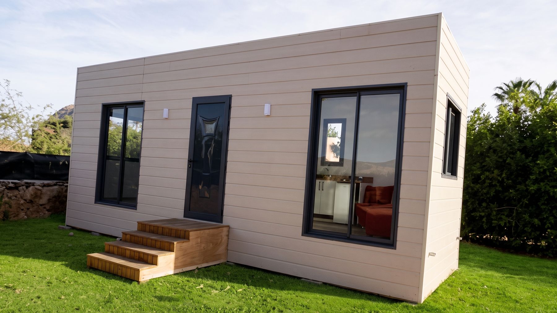 Studio modulaire Isoboard avec bardage clair, grandes baies et escalier bois
