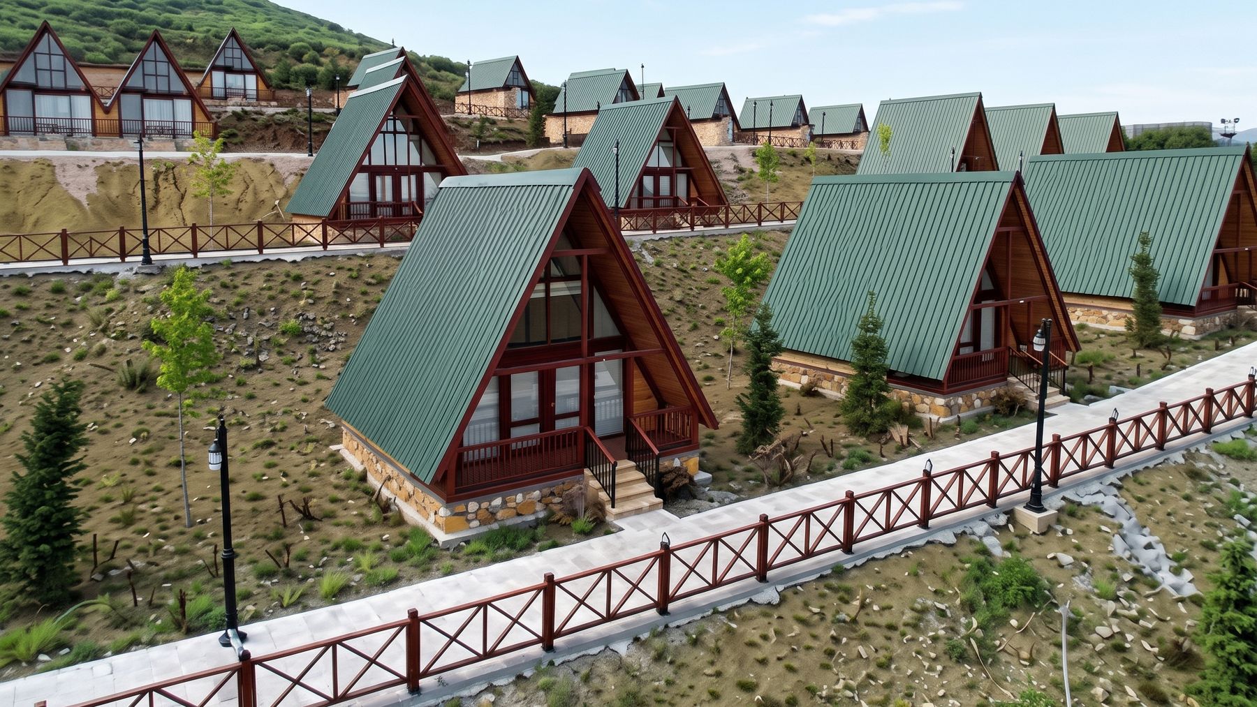 Village de chalets en A avec toitures vertes, à flanc de colline
