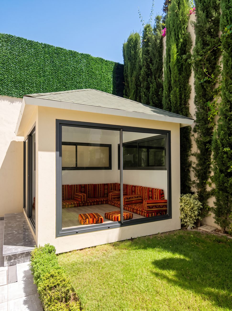Pavillon de jardin Isoboard avec grandes baies vitrées et salon marocain